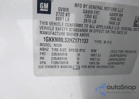 2017 GMC Acadia Slt-1 из США, поврежденный, VIN 1GKKNMLS2HZ171133